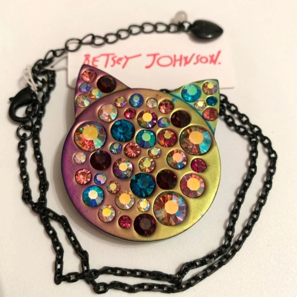 BETSEY JOHNSON SET Halloween Cat Head Crystals in Gunmetal Earrings Necklace NWT - Picture 2 of 13